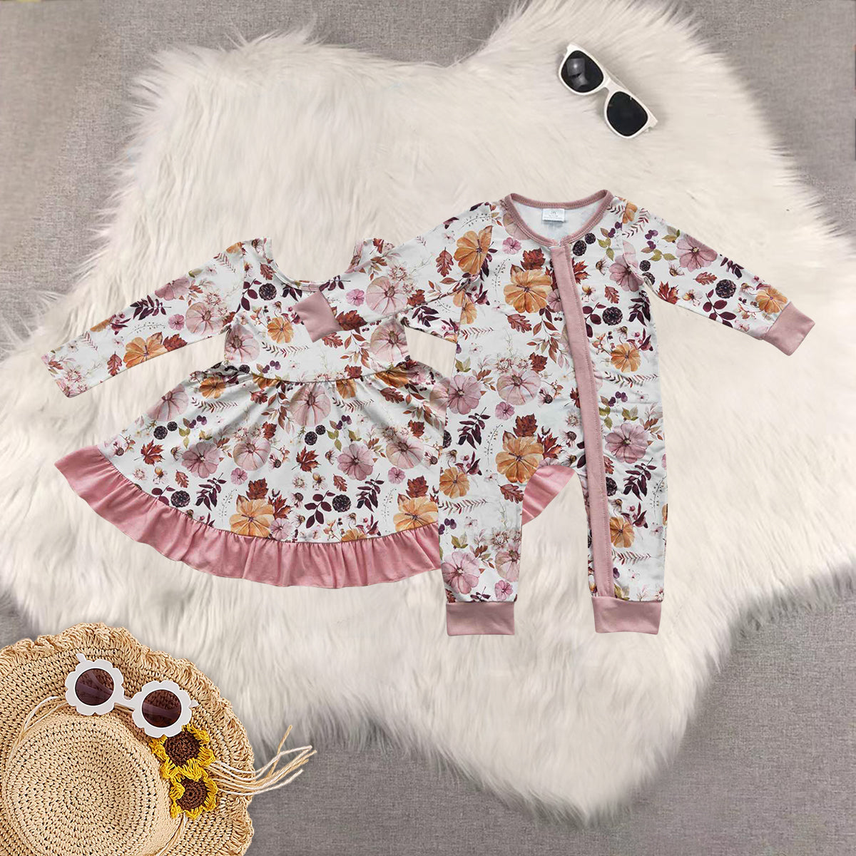 Sibling Baby Girls Long Sleeves Lavender Pumpkins Floral Dresses Zipper Rompers