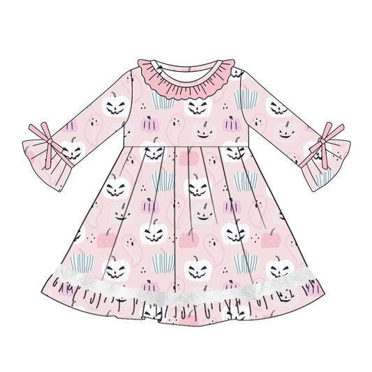 Preorder (moq 5)Baby Girls Pink Long Ruffle Sleeves Pumpkins Ghosts Knee Length Dresses