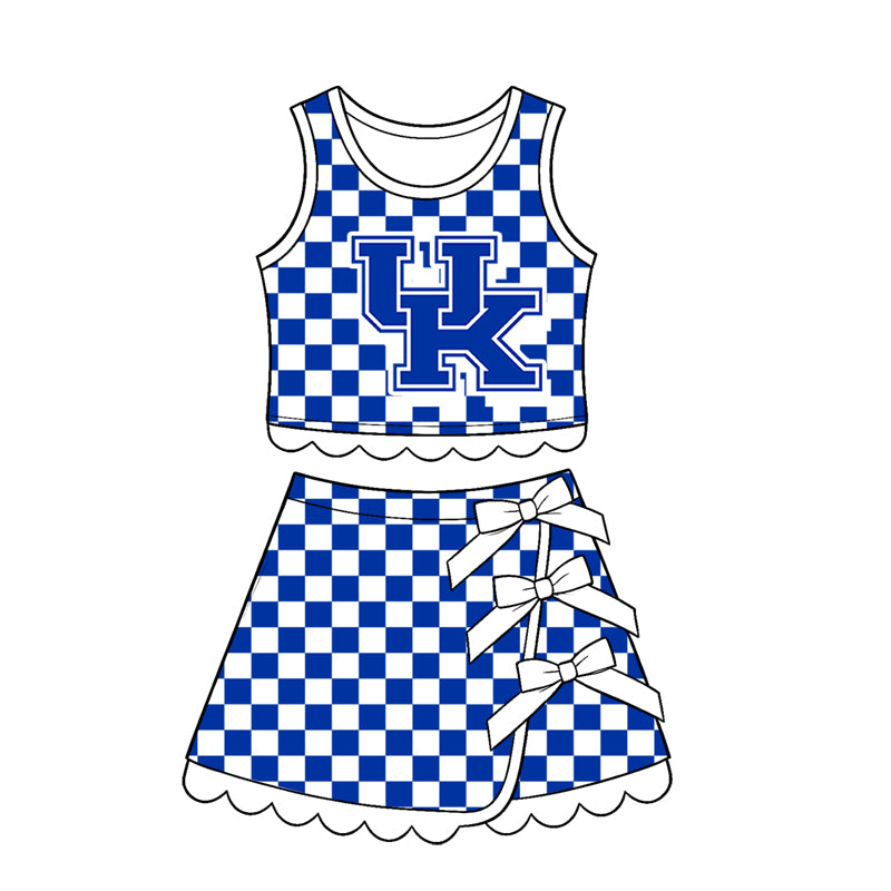Preorder (moq 5)Baby Girls Blue Checked Kentucky Top Bows Skirt Short Scallop Clothes Set