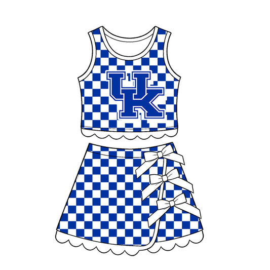 Preorder moq 5 Baby Girls Blue Checked Kentucky Top Bows Skirt Short Scallop Clothes Set