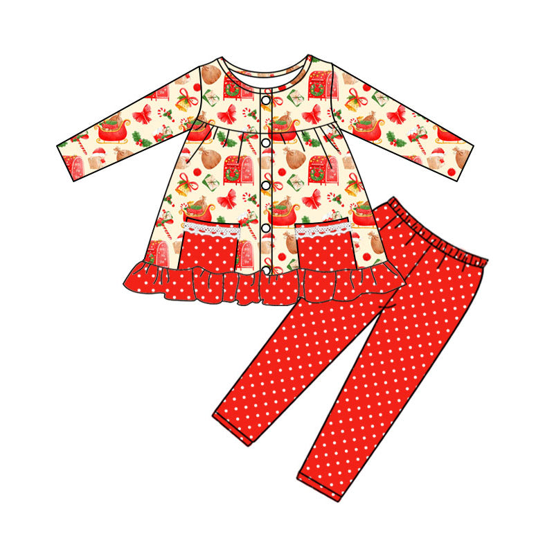Preorder (moq 5)Baby Girls Gifts Candy Cane Button Pockets Polka Dots Leggings Christmas Sets