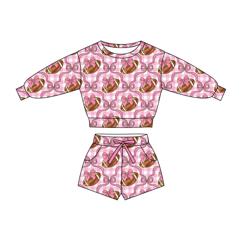 Preorder (moq 5)Baby Girls Pink Checked Bow Footballs Top Pockets Shorts Team Clothes Sets