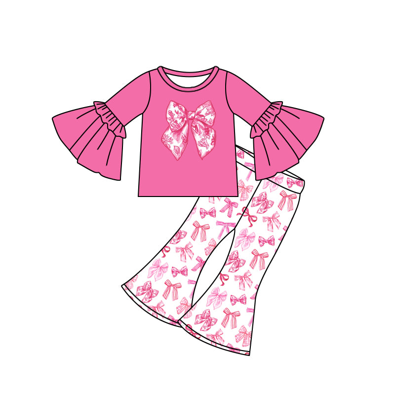 Preorder (moq 5)Baby Girls Pink Bell Long Sleeves Flower Bows Top Bell Bottom Pants Set