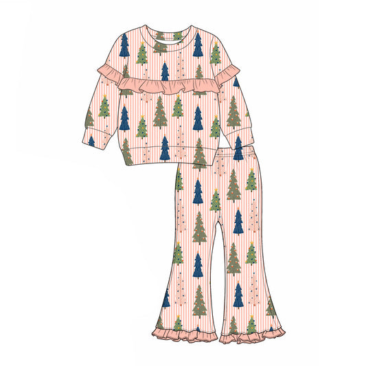 Preorder (moq 5)Baby Girls Pink Stripe Bows Trees Top Flare Pant Christmas Clothes Set