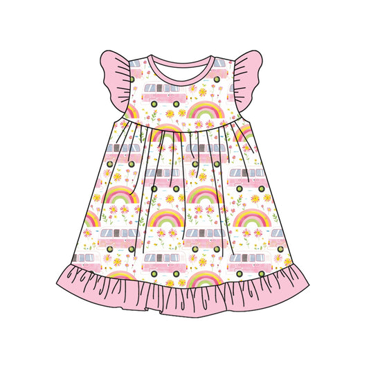 Preorder (moq 5)Baby Girls Pink Rainbow Buses Flowers Pearl Knee Length Dresses