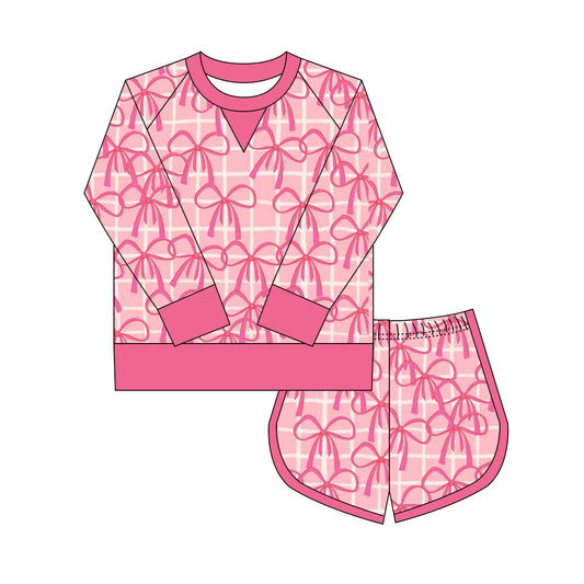 Preorder(moq 8)Baby Girls Pink Bows Checked Long Sleeve Top Shorts Valentine Clothes Set