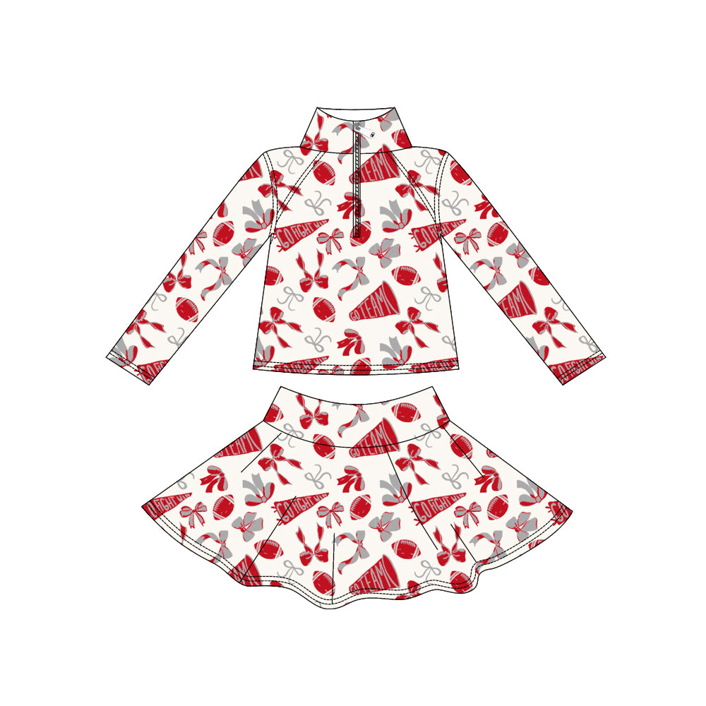 Preorder (moq 5)Baby Girls Red Go Fight With Team Zip Pullover Skorts Yoga Clothes Sets