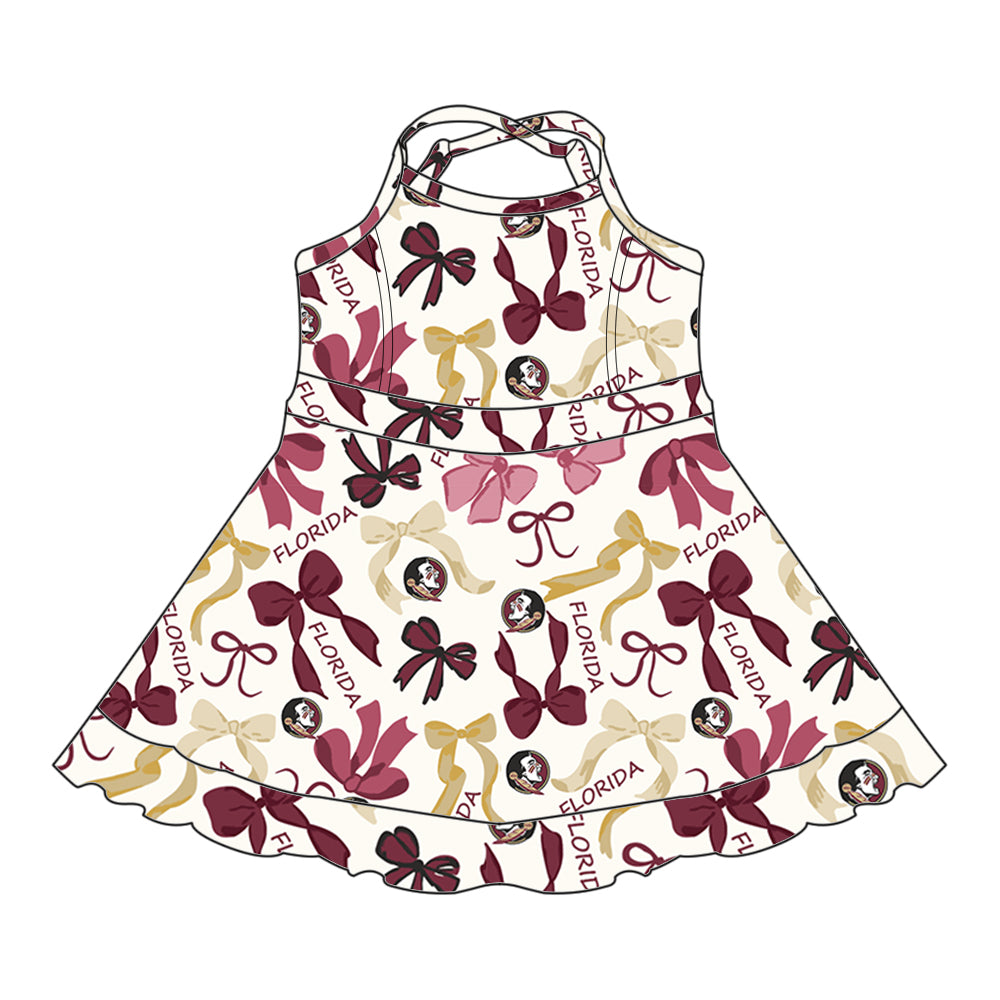 Preorder (moq 5)Baby Girls Strap Dark Red Bows Plaid Florida Short Ruffle Team Knee Length Dresses