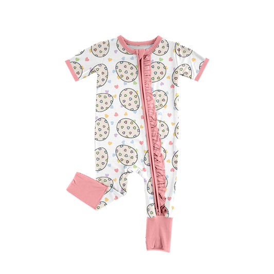 Preorder(moq 5)Baby Infant Girls Easter Eggs Hearts Ruffle Zip Rompers