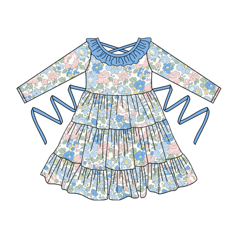 Preorder moq 5 Baby Girls Long Sleeves Blue Floral With Belt Ruffle Knee Length Dresses