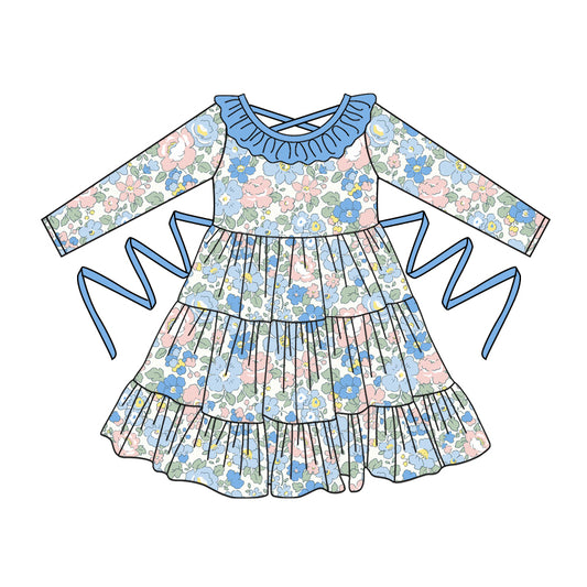 Preorder moq 5 Baby Girls Long Sleeves Blue Floral With Belt Ruffle Knee Length Dresses
