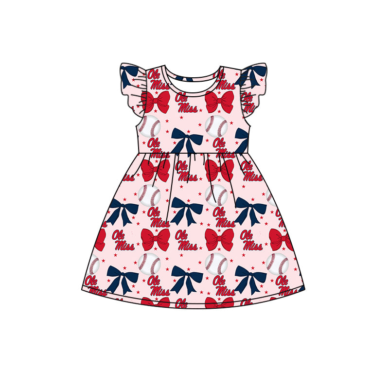 Preorder (moq 5)Baby Girls Flutter Sleeves Baseballs Bows Ole Miss Team Knee Length Dresses