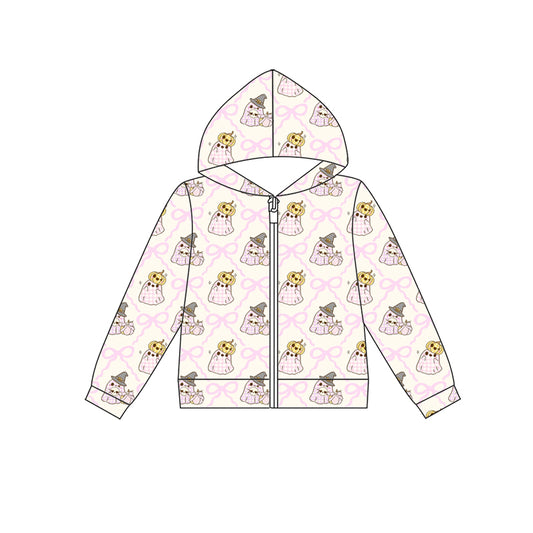 Preorder (moq 5)Baby Girls Bows Ghost Pumpkins Checked Halloween Zip Hoodie Jackets