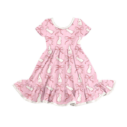 Preorder(moq 8)Baby Girls Pink Bows Rabbits Plaid Easter Ruffle Knee Length Dresses