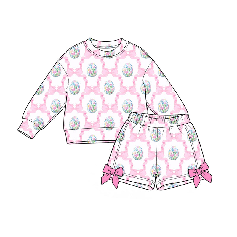 Preorder(moq5) Toddler Girls Easter Casual 2-Piece Outfit Bunny Egg Print Long-Sleeve Sweatshirt Bow Short Kids Clothing Set