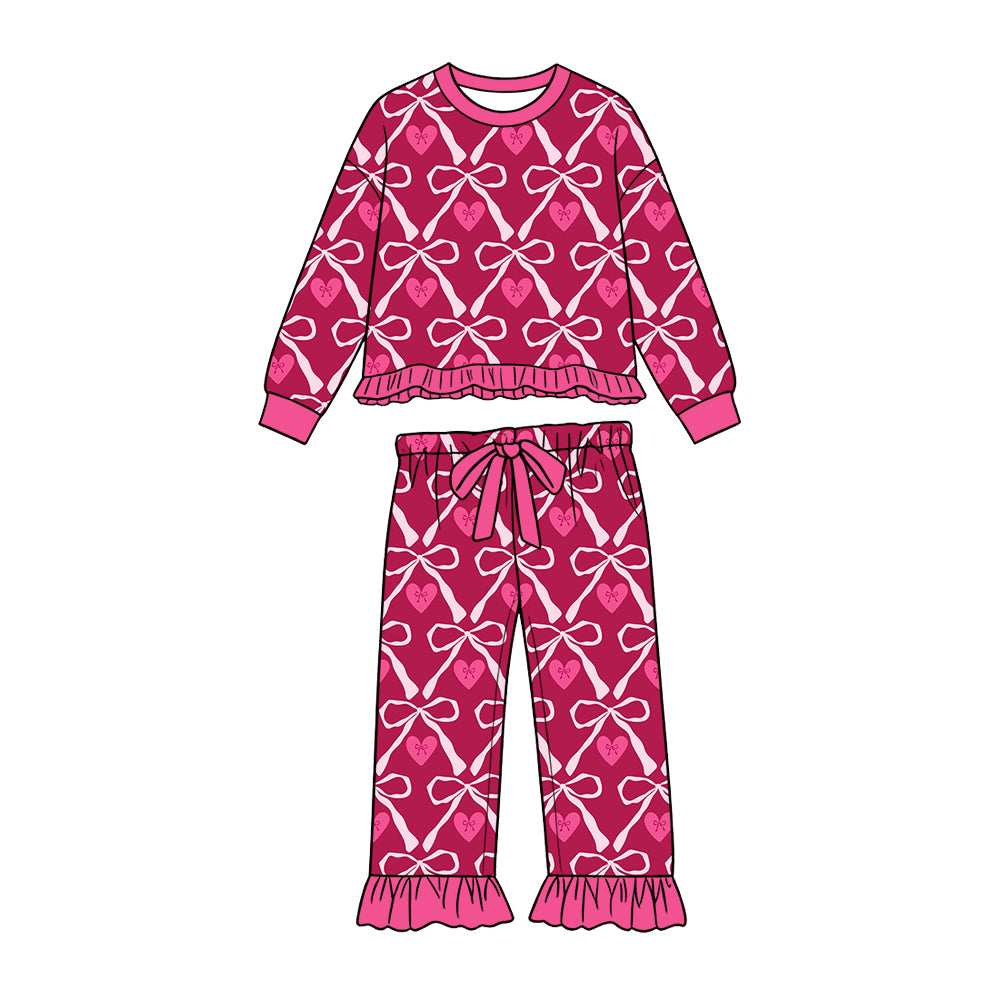 Preorder (moq 5) Baby Girl Clothes Burgundy Bow Heart Allover Print Long Sleeve Ruffle Pajama Set