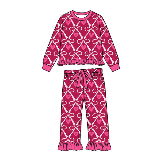 Preorder (moq 5) Baby Girl Clothes Burgundy Bow Heart Allover Print Long Sleeve Ruffle Pajama Set