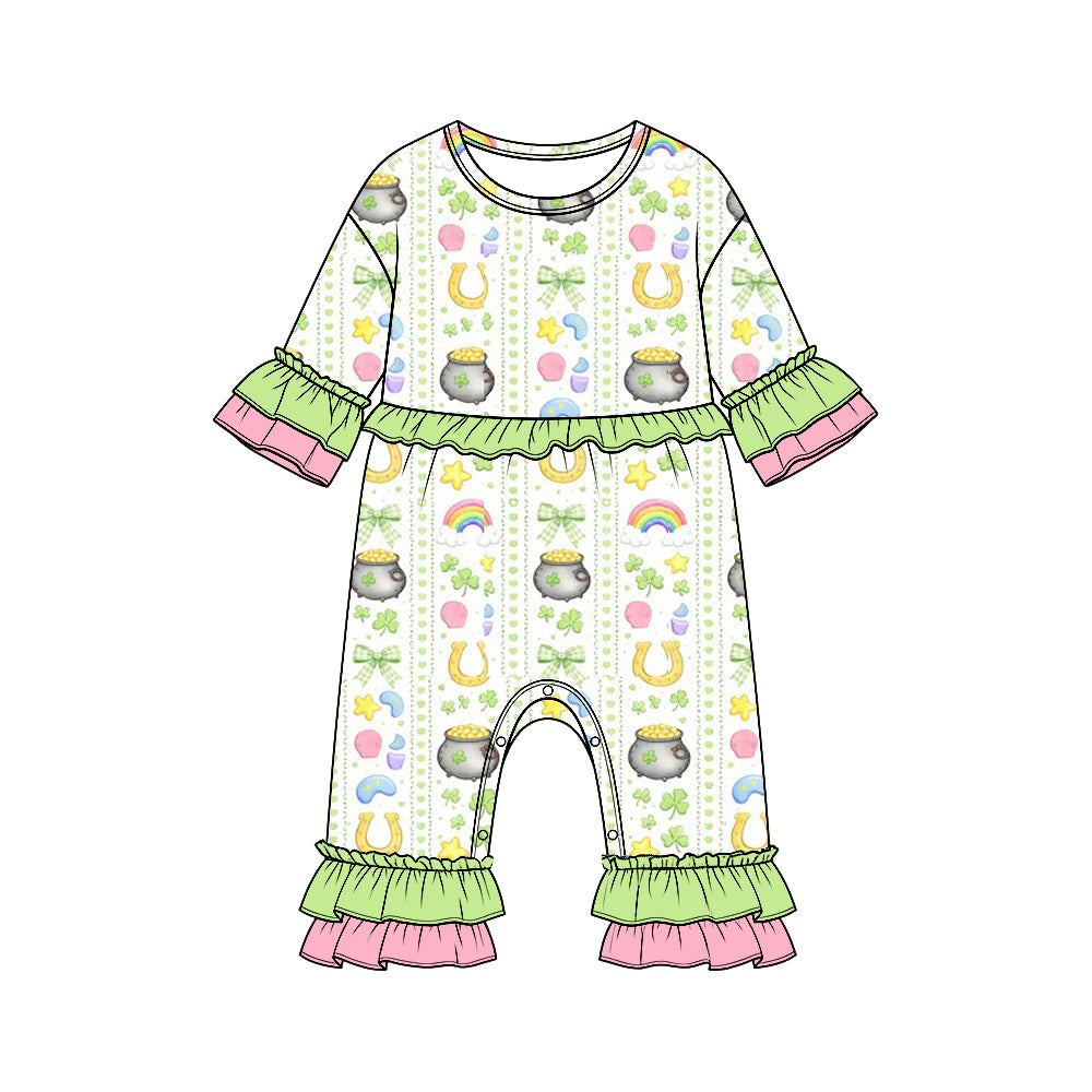 Preorder moq 5 Baby Girls’ St. Patrick’s Day Ruffle Long-Sleeve Romper, Lucky Clover & Pot of Gold Print Holiday One-Piece Outfit