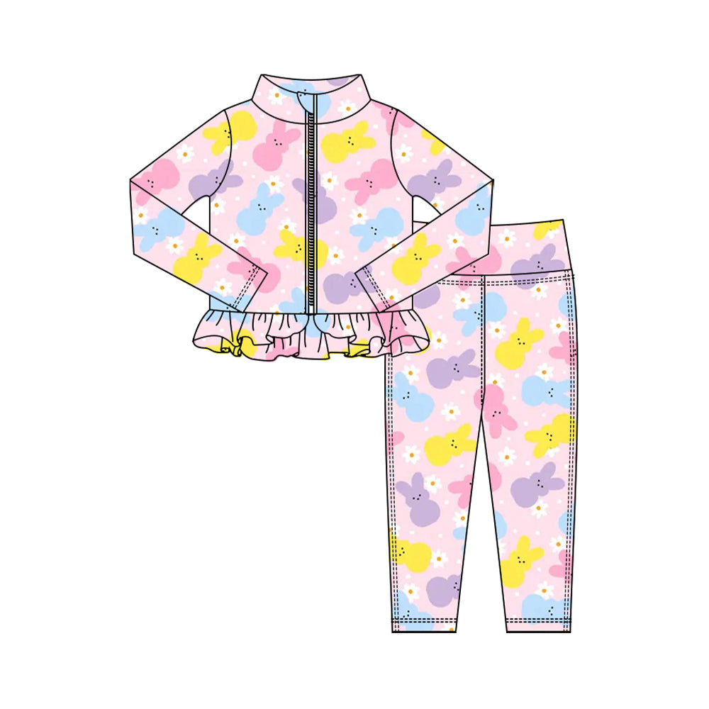 Preorder (moq 5) Baby Girl Clothes Easter Pastel Peeps Bunny Daisy Print Zip Up Ruffle Top Legging Set