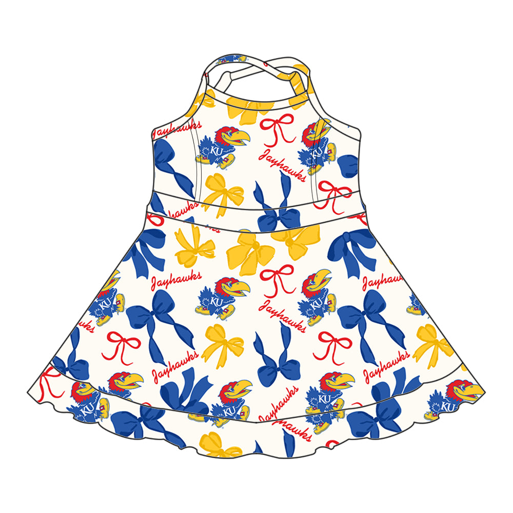 Preorder (moq 5)Baby Girls Blue Strap Bows Plaid KU Short Ruffle Team Knee Length Dress