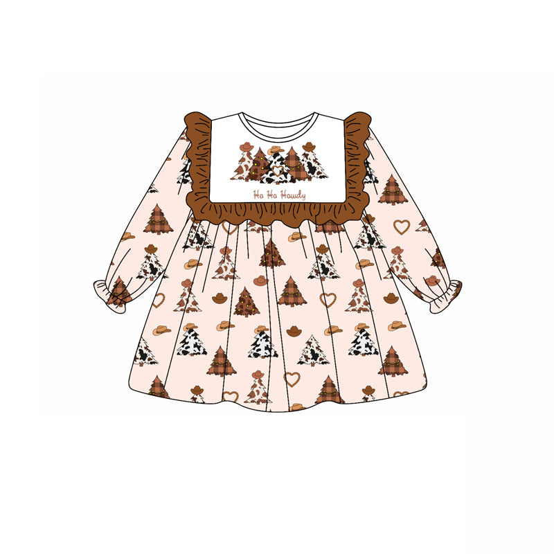 Preorder (moq 5)Baby Girls Long Ruffle Sleeves Hats Trees Knee Length Dresses