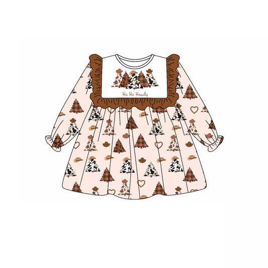 Preorder (moq 5)Baby Girls Long Ruffle Sleeves Hats Trees Knee Length Dresses