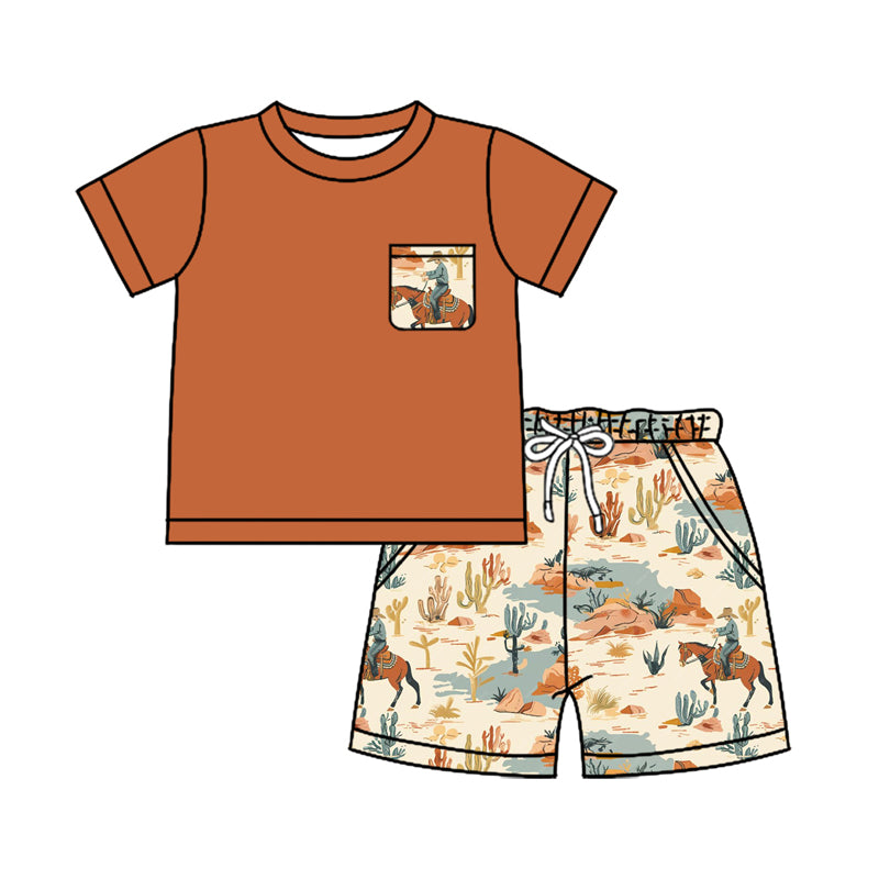 Preorder (moq 5)Baby Boys Khaki Pocket Shirt Horse Rodeo Cactus Shorts Clothes Sets