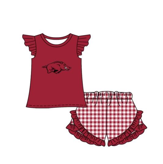 Preorder (moq 5)Baby Girls Arkansas Top Checked Ruffle Short Team Clothes Set