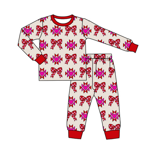 Preorder(moq 8)Baby Girls Long Sleeve Hearts Aztec Bows Top Pants Pajamas Sets