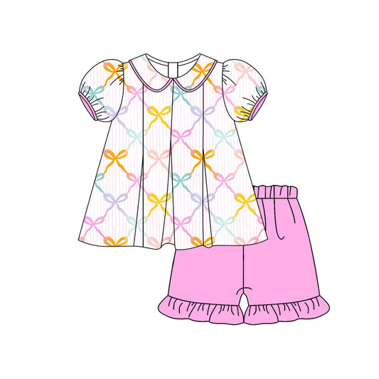 Preorder (moq 5)Baby Girls Short Ruffle Sleeves Colorful Bows Tunic Ruffle Short Set