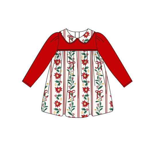 Preorder (moq 5)Baby Girls Red Long Sleeves Flowers Bows Stripe Knee Length Dresses