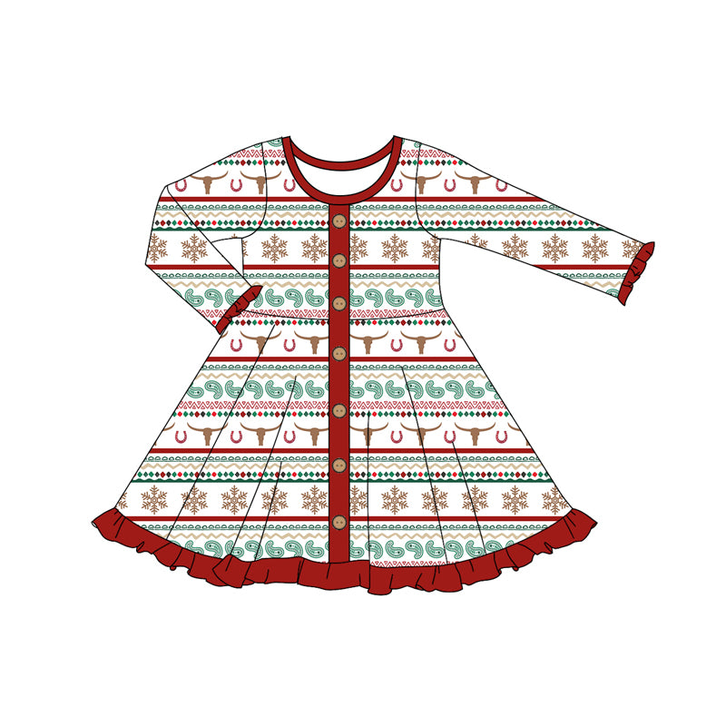 Preorder (moq 5)Baby Girls Long Ruffle Sleeves Bull Skull Aztec Button Knee Length Dresses