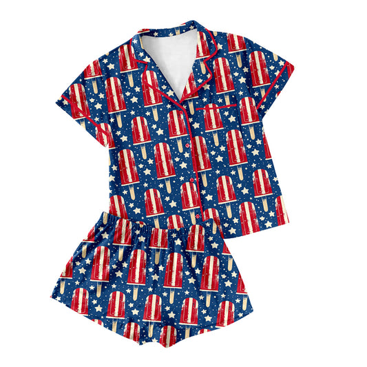 Preorder(moq 5)Adult Women Khaki Hot Blue Short Sleeves Button Pocket Stars Popsicle Top Short 4th Of July Pajamas Set