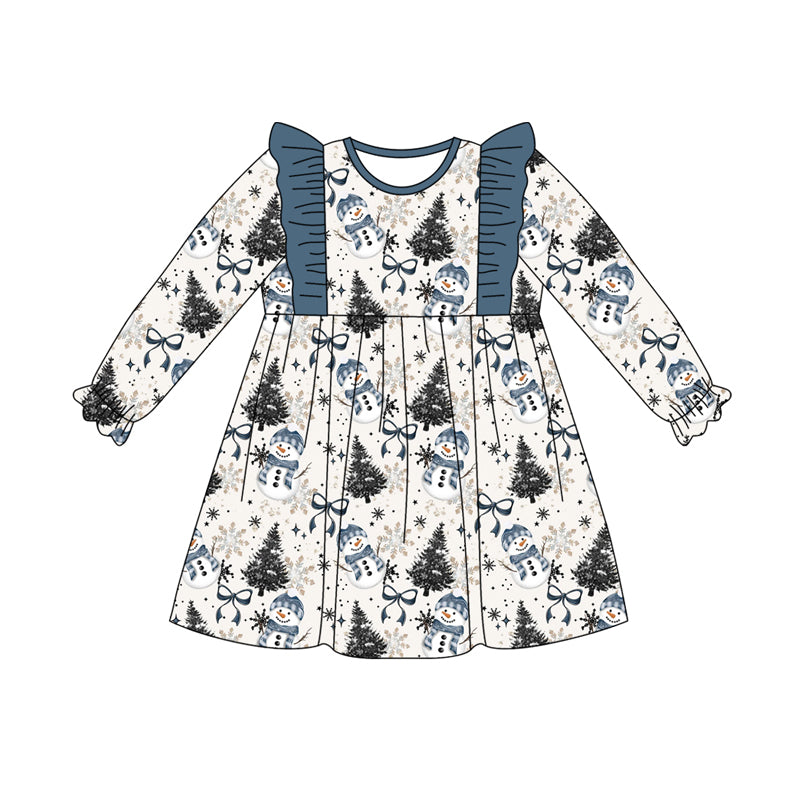 Preorder (moq 5)Baby Girls Long Ruffle Sleeves Blue Bows Snowman Plaid Knee Length Dress