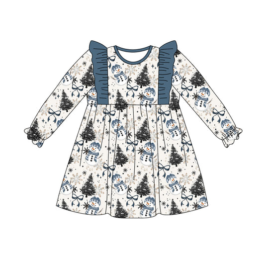 Preorder (moq 5)Baby Girls Long Ruffle Sleeves Blue Bows Snowman Plaid Knee Length Dress