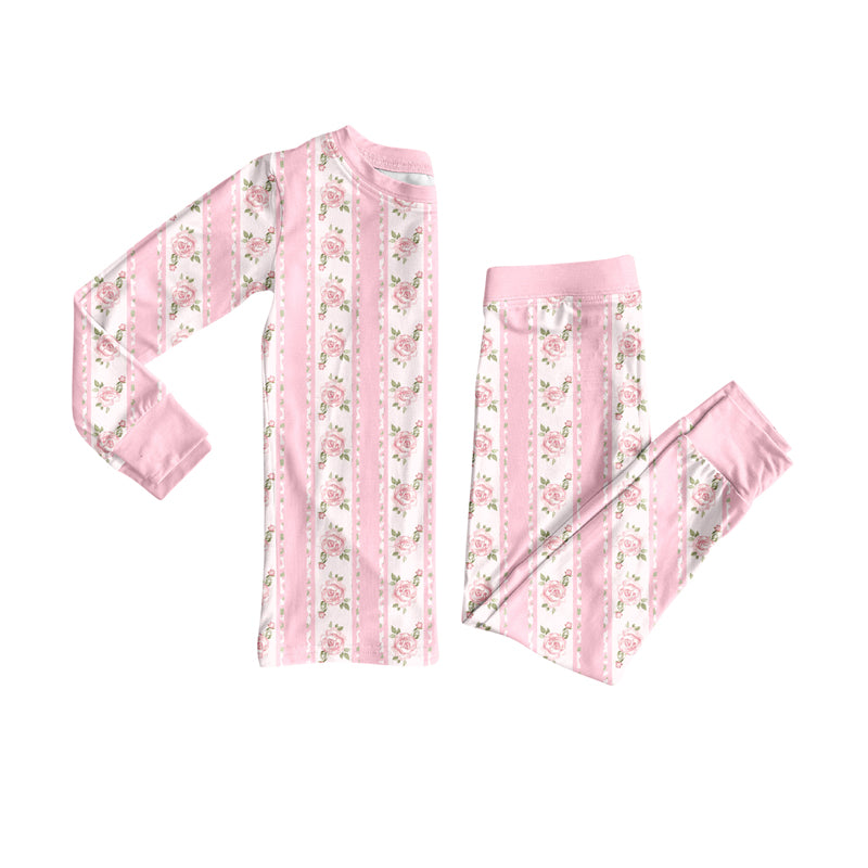 Preorder(moq 5) Baby Girls Long Sleeves Pink Flowers Stripe Top Pants Pajamas Set