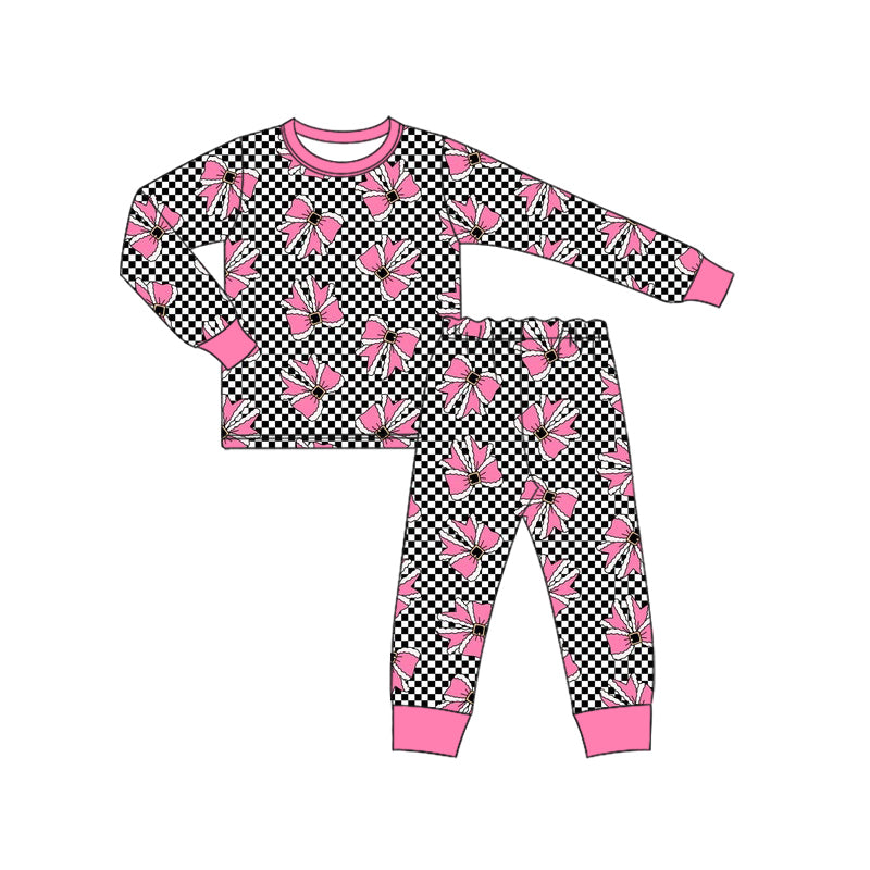 Preorder (moq 5)Baby Girls Long Sleeves Black Plaid Pink Bows Top Pant Pajamas Set