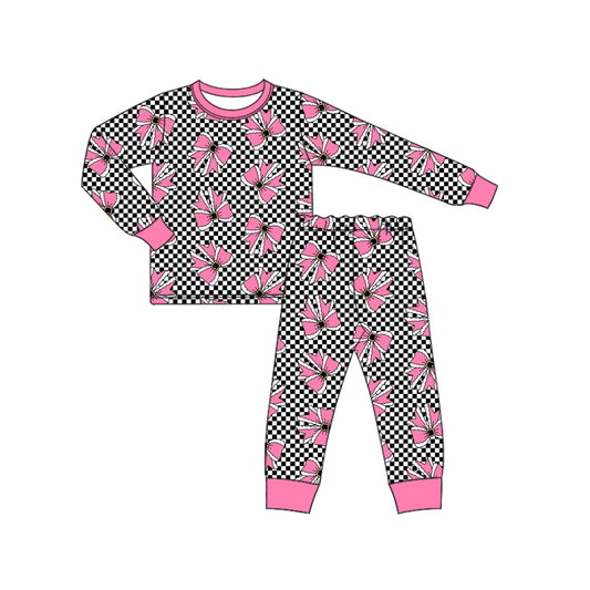 Preorder (moq 5)Baby Girls Long Sleeves Black Plaid Pink Bows Top Pant Pajamas Set