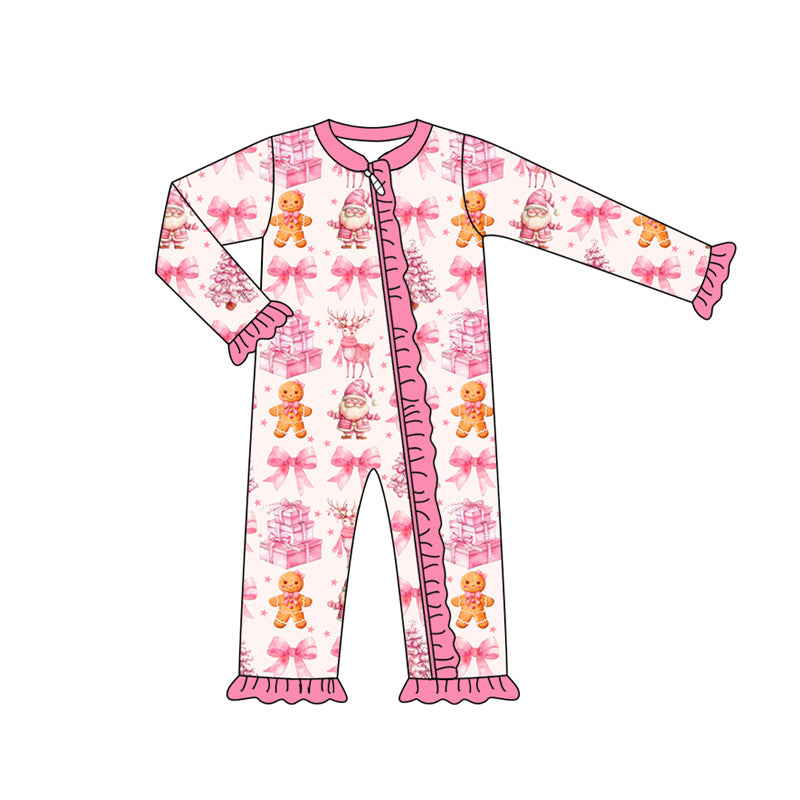 Preorder (moq 5)Baby Girls Long Sleeves Pink Bows Santa Gingerbread Ruffle Zipper Pant Romper