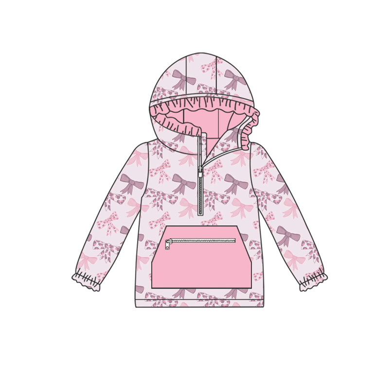 Preorder(moq 5)Baby Girls Pink Leopard Bows Plaid Pockets Zipper Hoodie Tops