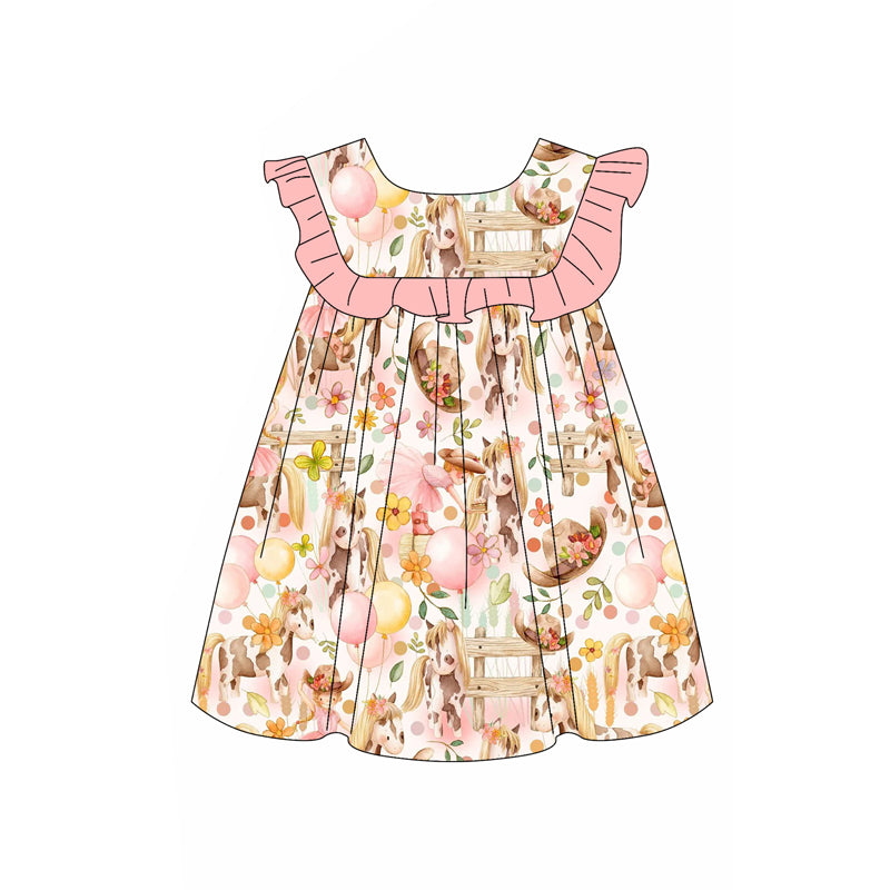 Preorder (moq 5)Baby Girls Sleeveless Pink Floral Horses Ruffle Round Collar Knee Length Dress