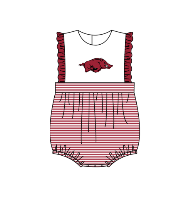 Preorder (moq 5)Baby Girls Sleeveless Arkansas Team Ruffle Rompers