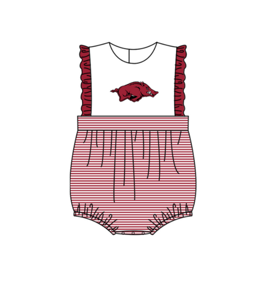 Preorder (moq 5)Baby Girls Sleeveless Arkansas Team Ruffle Rompers