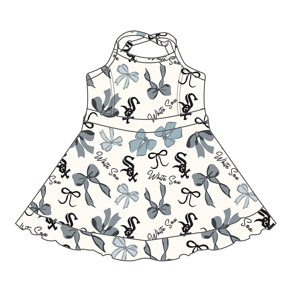Preorder (moq 5)Baby Girls Strap Bows Plaid White Sox Short Ruffle Team Knee Length Dresses