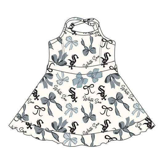 Preorder (moq 5)Baby Girls Strap Bows Plaid White Sox Short Ruffle Team Knee Length Dresses