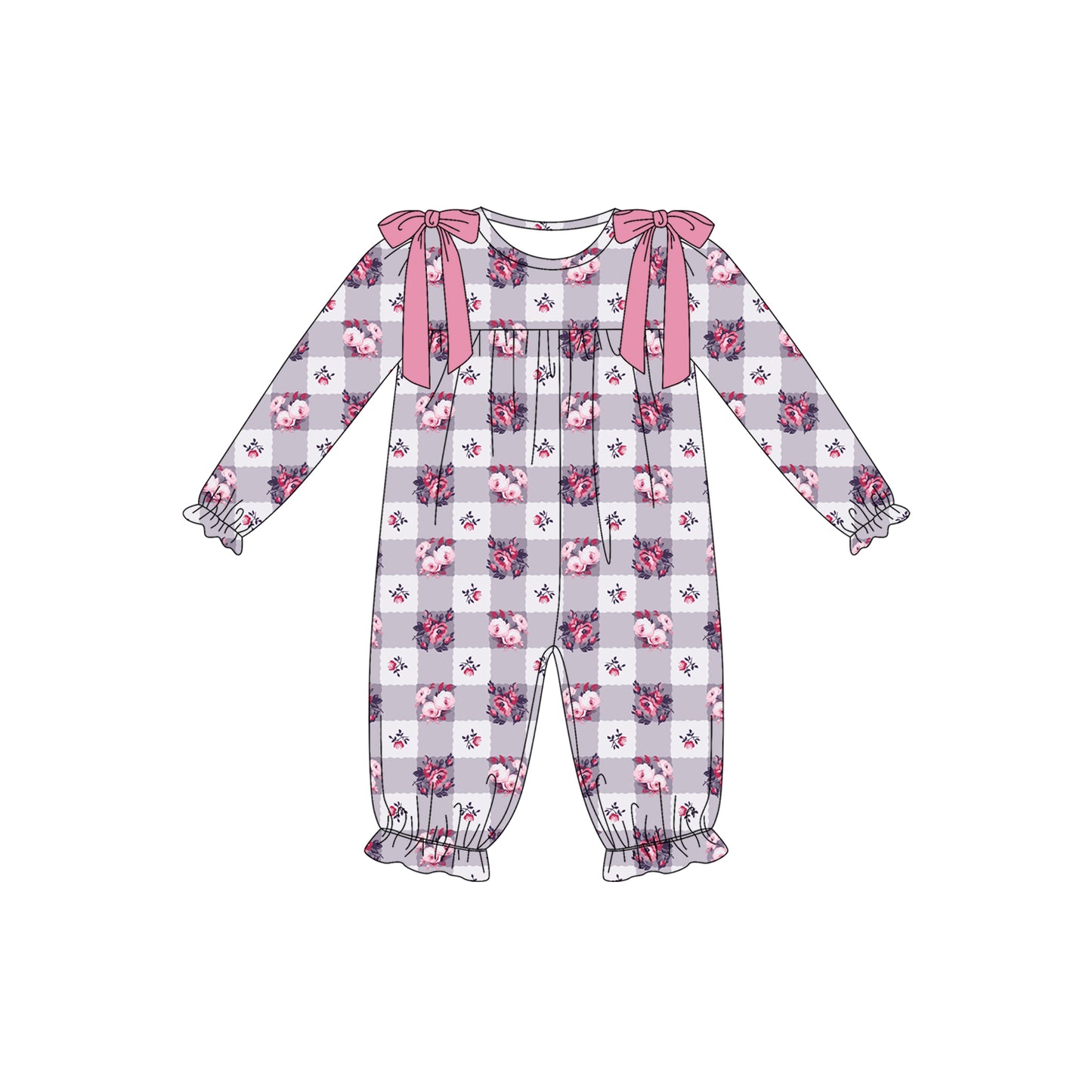 Preorder (moq 5)Baby Girls Long Ruffle Sleeve Flowers Checked Pant Rompers