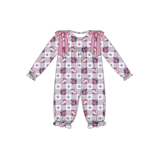 Preorder (moq 5)Baby Girls Long Ruffle Sleeve Flowers Checked Pant Rompers