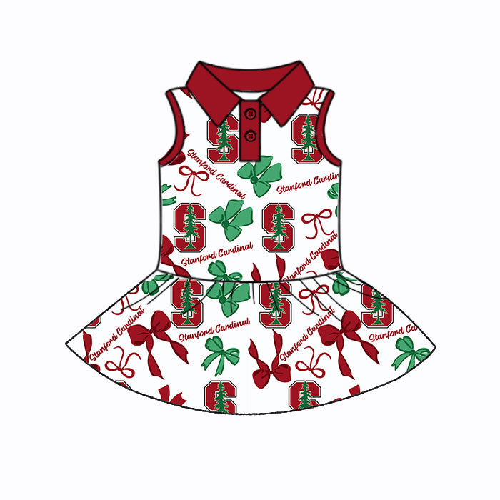 Preorder (moq 5)Baby Girls Sleeveless Stanford Cardinal Bows Plaid Button Team Knee Length Dresses