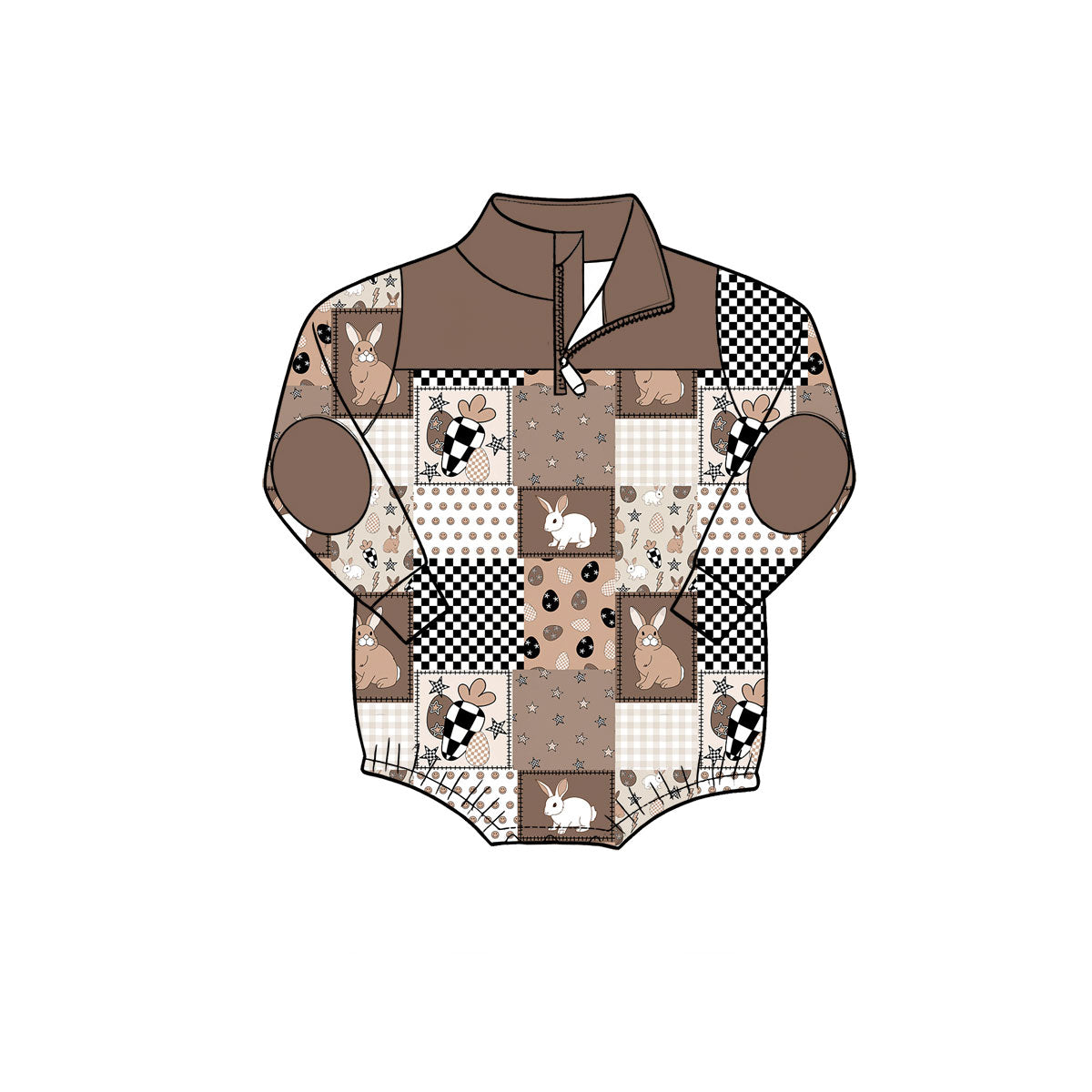 Preorder(moq5) Baby Clothes High-Quality Easter Bunny Print Long Sleeve Half Zip Romper