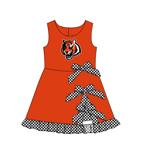 Preorder (custom moq 5)Baby Girls Sleeveless Tiger Short Bows Ruffle Team Knee Length Dress